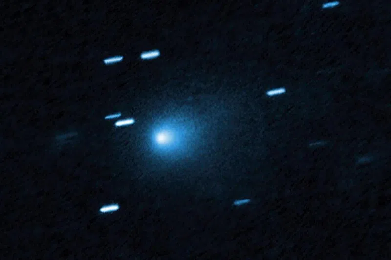 The Hubble Space Telescope image of the interstellar comet 3I/ATLAS on July 21, 2025. The comet has a teardrop-shaped cocoon of dust coming off its solid, icy nucleus.