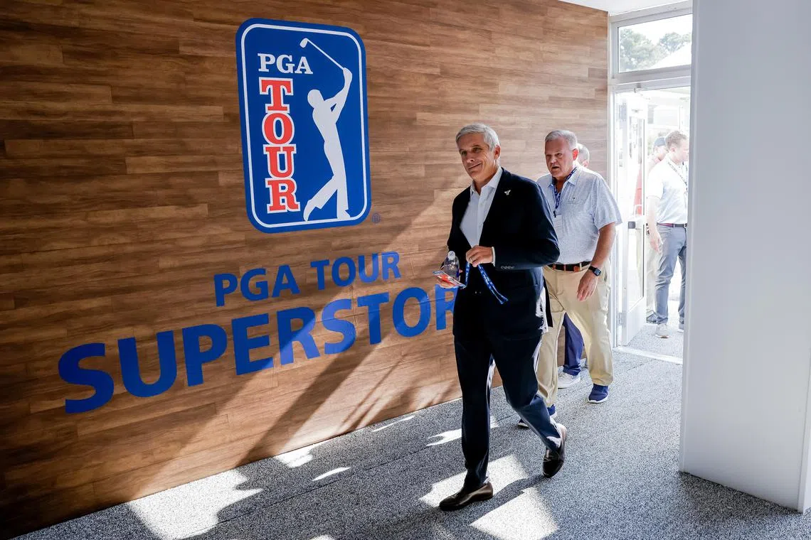 PGA Tour commissioner Jay Monahan arrives for a press conference ahead of the 2024 Tour Championship.