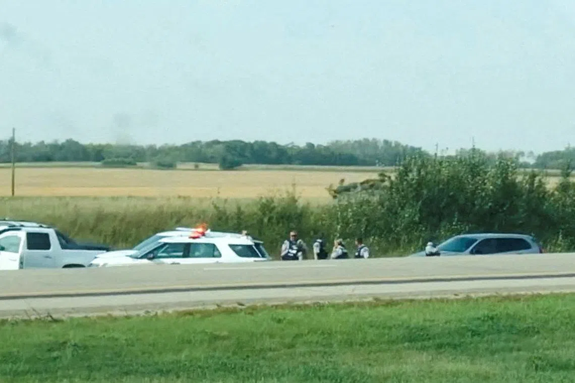 FILE PHOTO: A view of the scene where Myles Sanderson, the suspect of a stabbing spree in the Canadian province of Saskatchewan, is arrested in Rosthern, Saskatchewan, Canada September 7, 2022 in this still image obtained from social media video.  Jordan Brandon/via REUTERS/File Photo