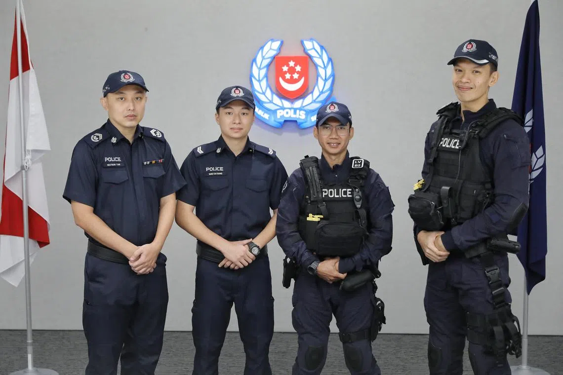 (From left) Station Inspector Watson Tan, Special Constable Corporal Yang Kai Siang, Sergeant (3) Muhd Syarhan Zaharin and Assistant Superintendent of Police Paul Chew.
