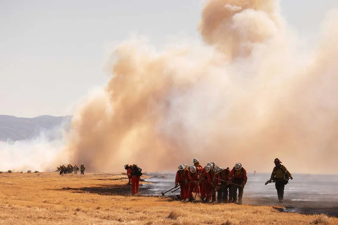 An inmate crew works the line as the Danny Fire burns over 1,500 acres of Lancaster, California, U.S., June 4.