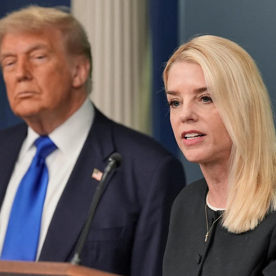 FILE PHOTO: U.S. Attorney General Pam Bondi speaks to the media, in the Press Briefing Room at the White House in Washington D.C., June 27, 2025. REUTERS/Ken Cedeno/File Photo