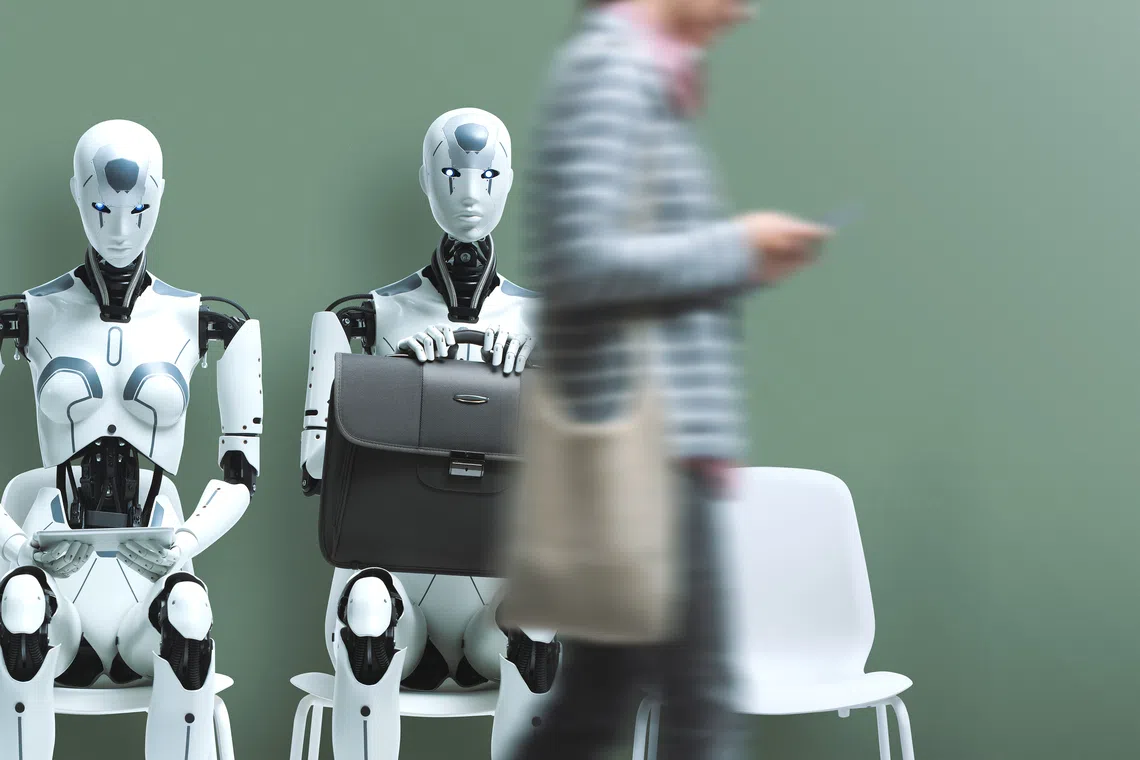 Business people and humanoid AI robot sitting and waiting for a job interview: AI vs human competition