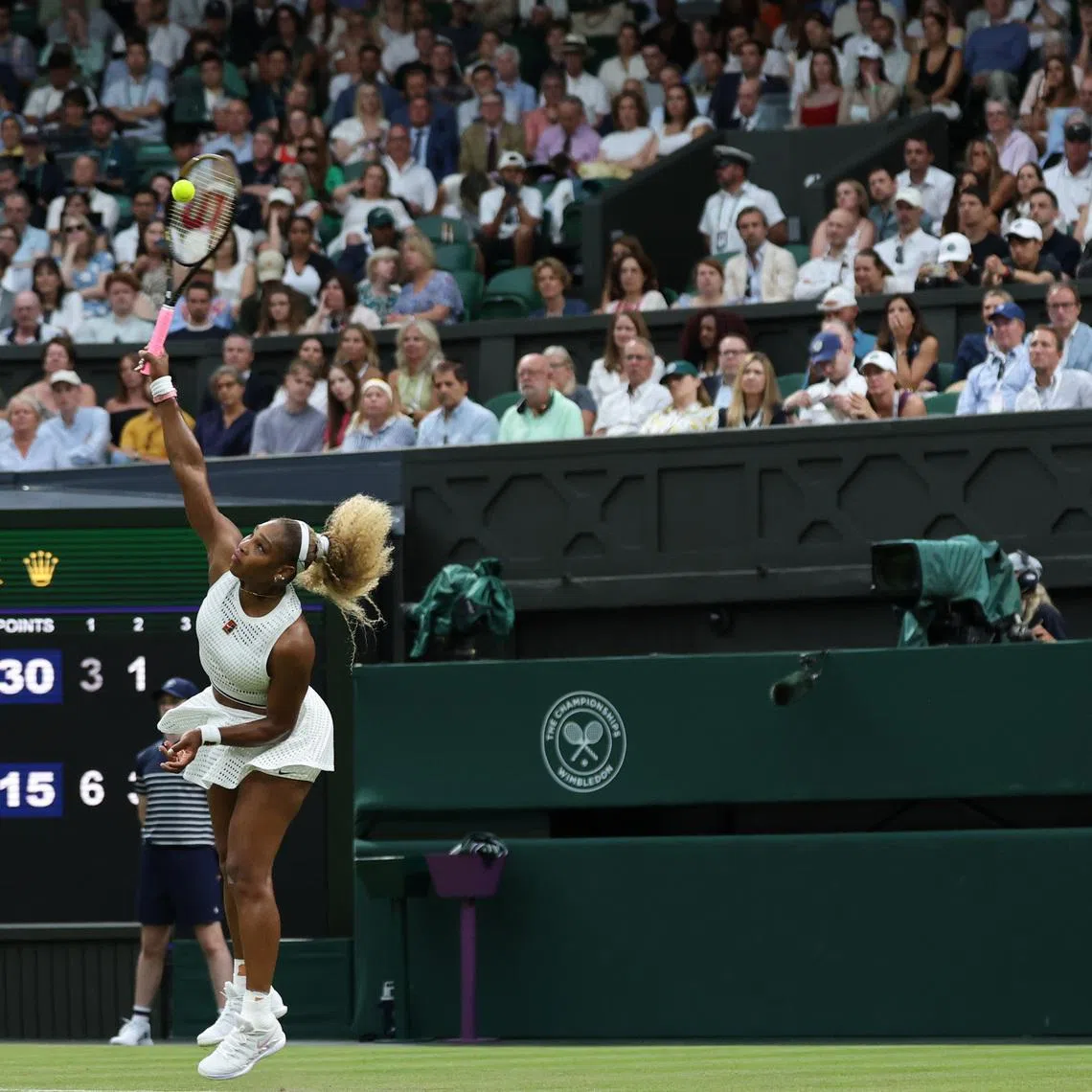 Jun 30, 2026; London, United Kingdom; Serena Williams (USA) serves against Maya Joint (AUS) (not pictured) on day two of The Championships Wimbledon 2026 at All England Lawn Tennis and Croquet Club. Mandatory Credit: Geoff Burke-Imagn Images