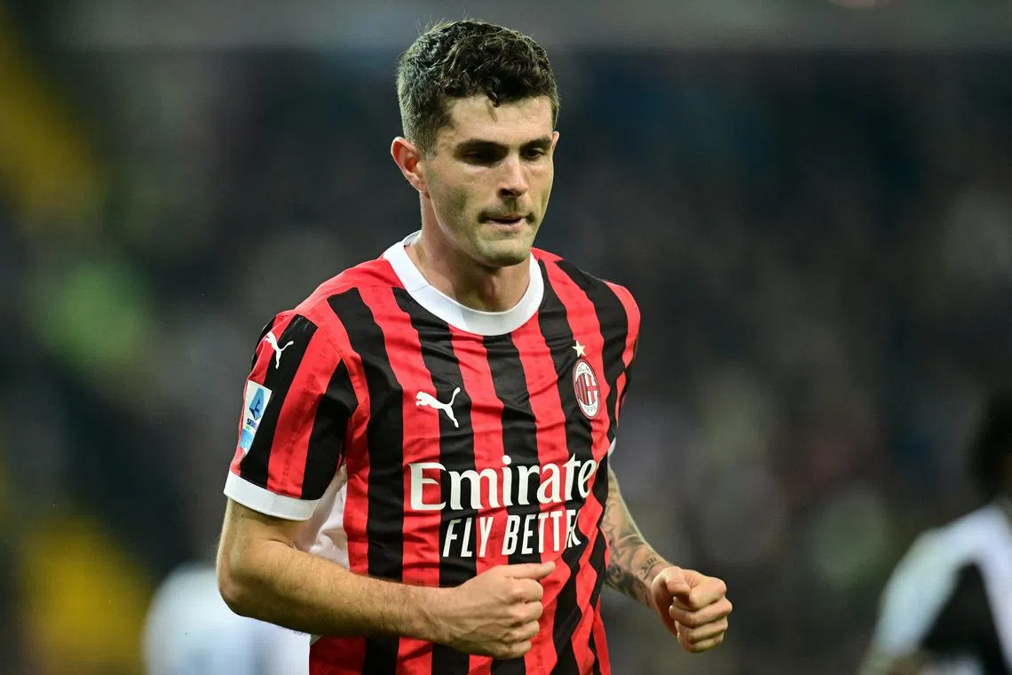 FILE PHOTO: Soccer Football - Serie A - Udinese v AC Milan - Bluenergy Stadium, Udine, Italy - April 11, 2025 AC Milan's Christian Pulisic reacts after missed a chance to score REUTERS/Daniele Mascolo/File Photo