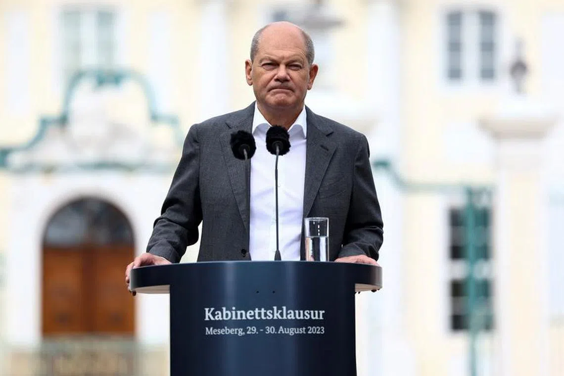 FILE PHOTO: German Chancellor Olaf Scholz attends a press conference after a closed cabinet meeting at Schloss Meseberg, near Gransee, Germany, August 30, 2023. REUTERS/Lisi Niesner