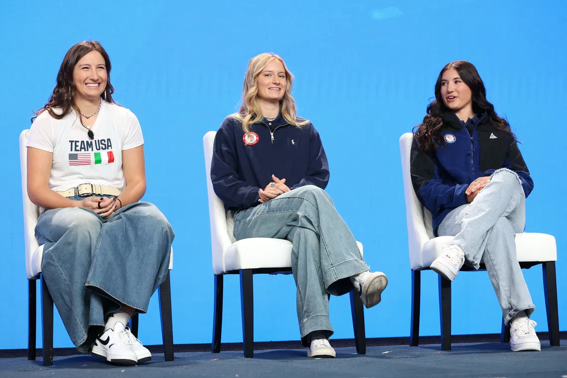 Oct 28, 2025; New York, NY, UNITED STATES; Olympic athletes Lauren Macuga, Alpine Skiing (left) and Sam Macuga, Ski Jumping, (center) and Alli Macuga, Moguls, speak with media during the U.S. Olympic Team Media Summit in preparation for the 2026 Milan Olympic Winter Games at Javits Center. Mandatory Credit: Vincent Carchietta-Imagn Images