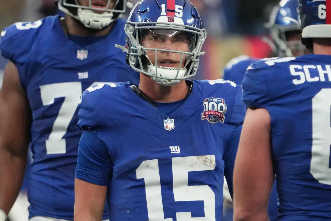 Nov 24, 2024; East Rutherford, New Jersey, USA; New York Giants quarterback Tommy DeVito (15) in the foutth quarter against the Tampa Bay Buccaneers at MetLife Stadium. Mandatory Credit: Robert Deutsch-Imagn Images/ File Photo