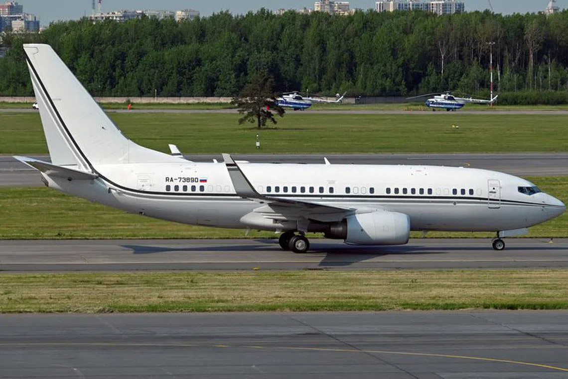 FILE PHOTO: A view shows the Boeing 737-700 BBJ (plane number RA-73890) private aircraft on the tarmac of the Pulkovo International Airport in Saint Petersburg, Russia, June 14, 2023. REUTERS/Luba Ostrovskaya/File Photo