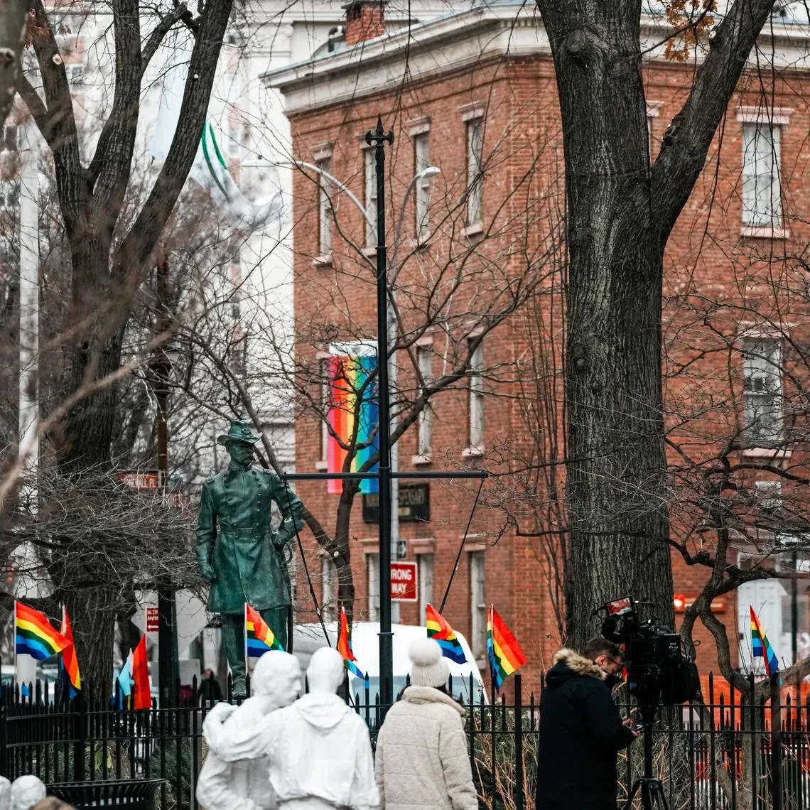The Stonewall National Monument, where the LGBTQ+ rights movement was born, after authorities removed the Pride flag from the Greenwich Village site in New York City, U.S., February 10, 2026.  REUTERS/Eduardo Munoz
