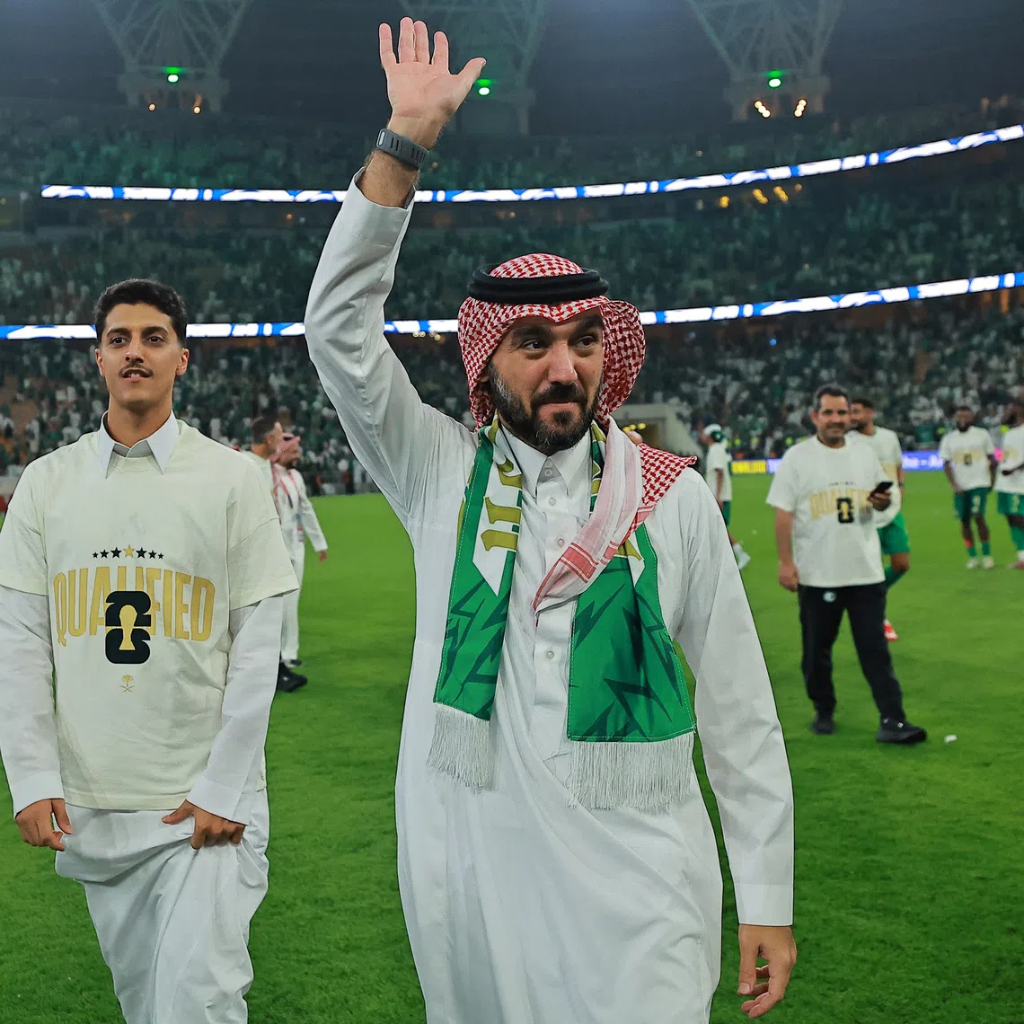 Soccer Football - FIFA World Cup - AFC Qualifiers - Group B - Saudi Arabia v Iraq - King Abdullah Sports City, Jeddah, Saudi Arabia - October 14, 2025 Minister of Sports of Saudi Arabia, Abdulaziz bin Turki Al-Faisal celebrates after qualifying for the FIFA World Cup REUTERS/Stringer