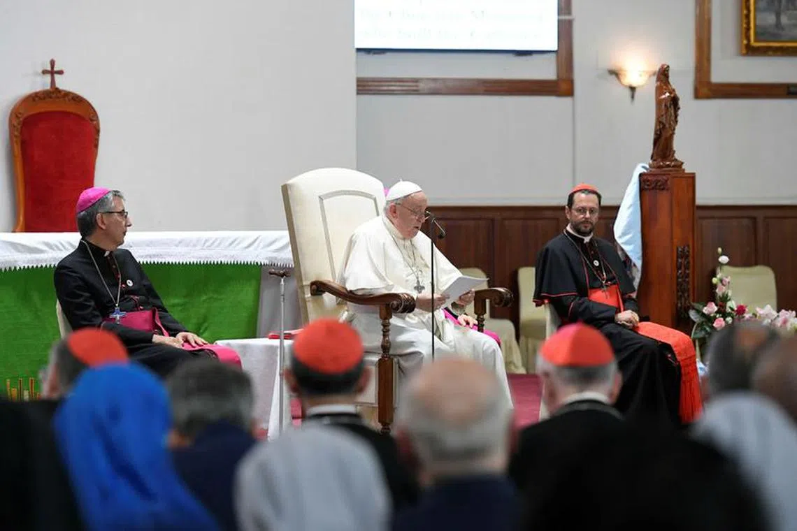 Pope Francis speaks during a meeting with bishops, priests, missionaries, consecrated persons and pastoral workers at Saints Peter and Paul Cathedral, during his Apostolic Journey in Ulaanbaatar, Mongolia September 2, 2023.  Vatican Media/­Handout via REUTERS
