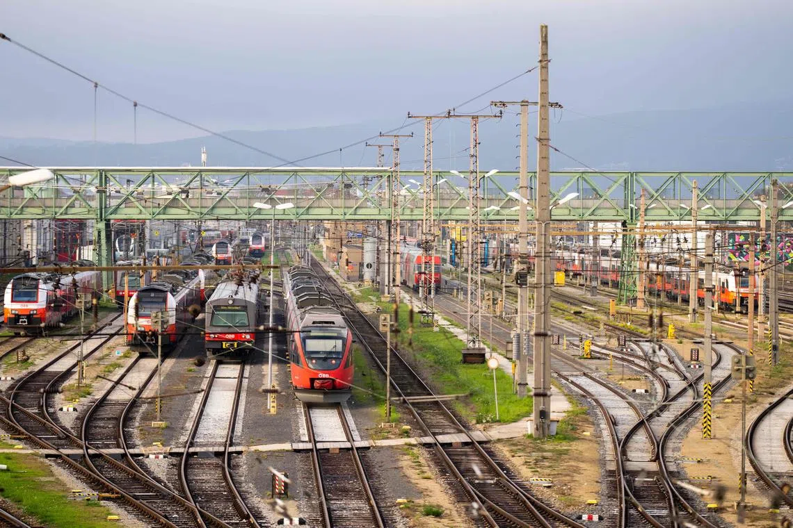 Trains of Austrian railway operator OeBB are parked on the tracks at the Westbahnhof railway station in Vienna, during a strike on Nov 28, 2022.