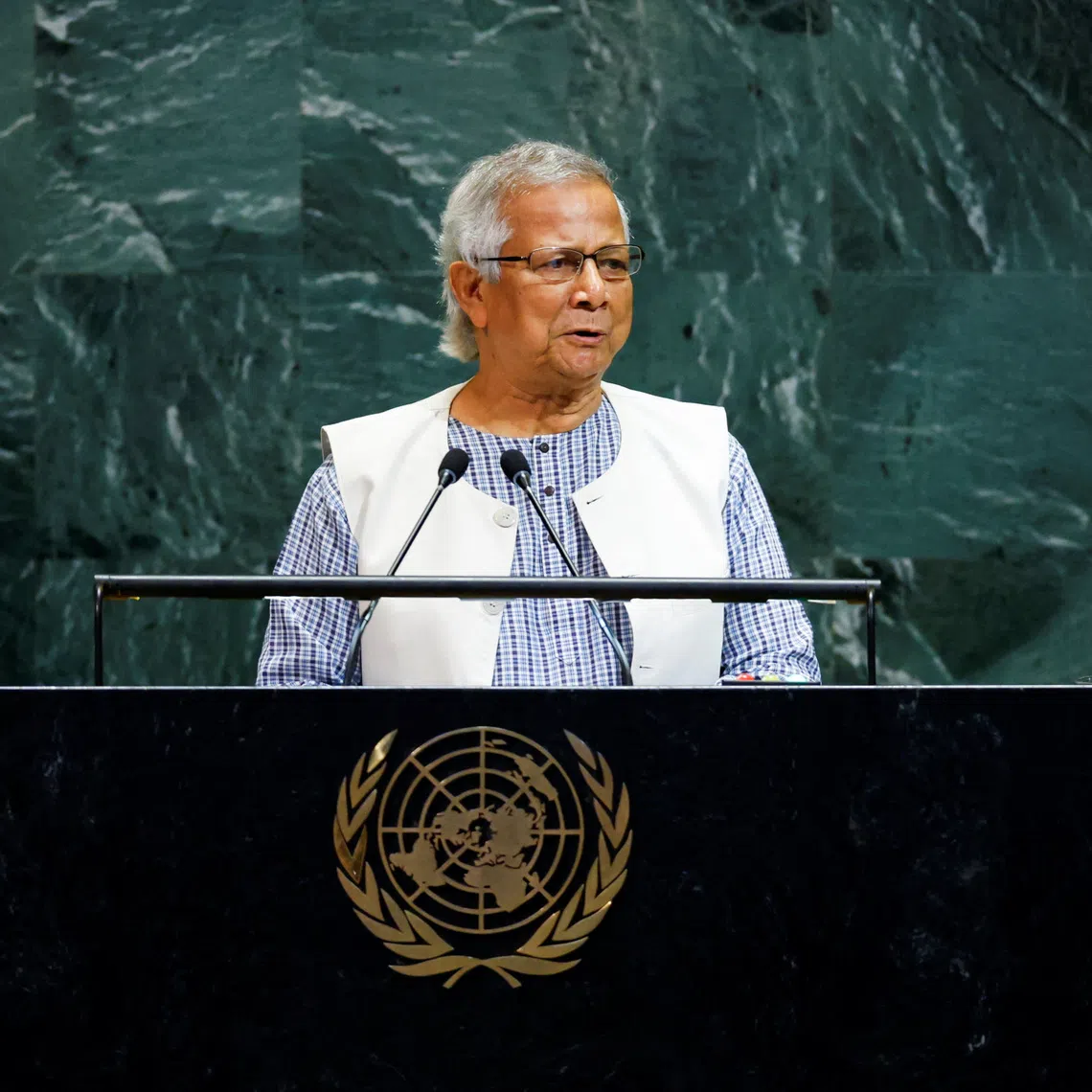 Bangladesh's Chief Adviser of the interim Government Muhammad Yunus addresses the 80th United Nations General Assembly (UNGA) at U.N. headquarters in New York City, U.S., September 26, 2025. REUTERS/Kylie Cooper