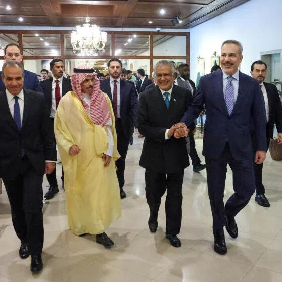 (From left) Foreign Minister Badr Abdelatty of Egypt, Prince Faisal bin Farhan Al Saud of Saudi Arabia, Ishaq Dar of Pakistan and Hakan Fidan of Turkey meeting to discuss regional de-escalation in Islamabad, Pakistan, on March 29.
