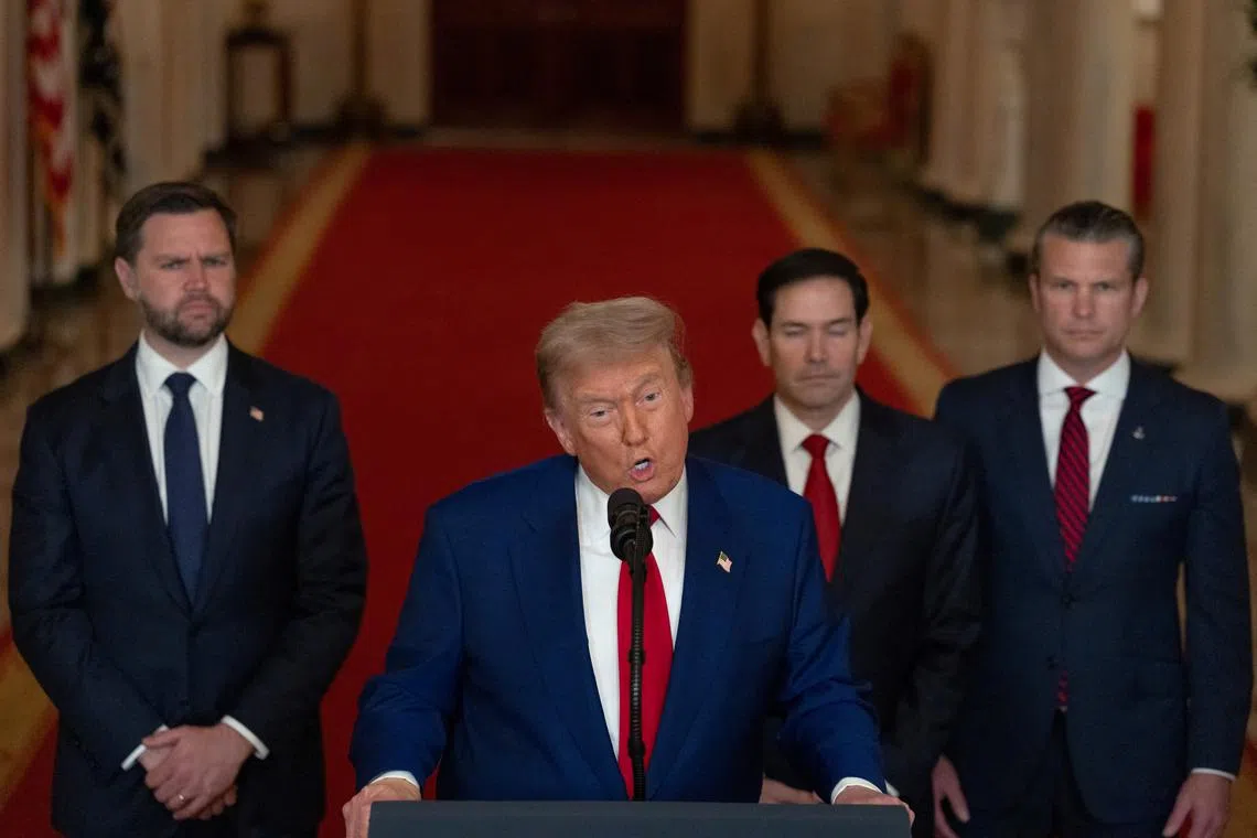 U.S. President Donald Trump delivers an address to the nation alongside U.S. Vice President JD Vance, U.S. Secretary of State Marco Rubio and U.S. Defense Secretary Pete Hegseth at the White House in Washington, D.C., U.S. June 21, 2025, following U.S. strikes on Iran's nuclear facilities. REUTERS/Carlos Barria/Pool/File Photo