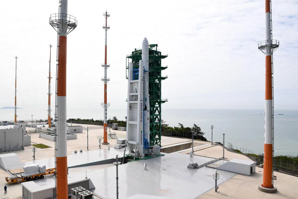 South Korea's homegrown space rocket Nuri on a launch pad at the Naro Space Centre in the southern village of Goheung.