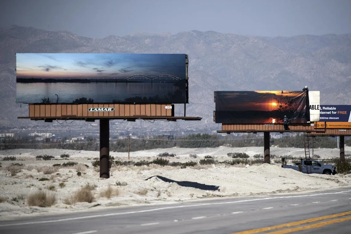 Pictures by Tyre Nichols are displayed on billboards during the Desert X 2023 exhibition press preview in the Coachella Valley in California, USA, on March 3, 2023.