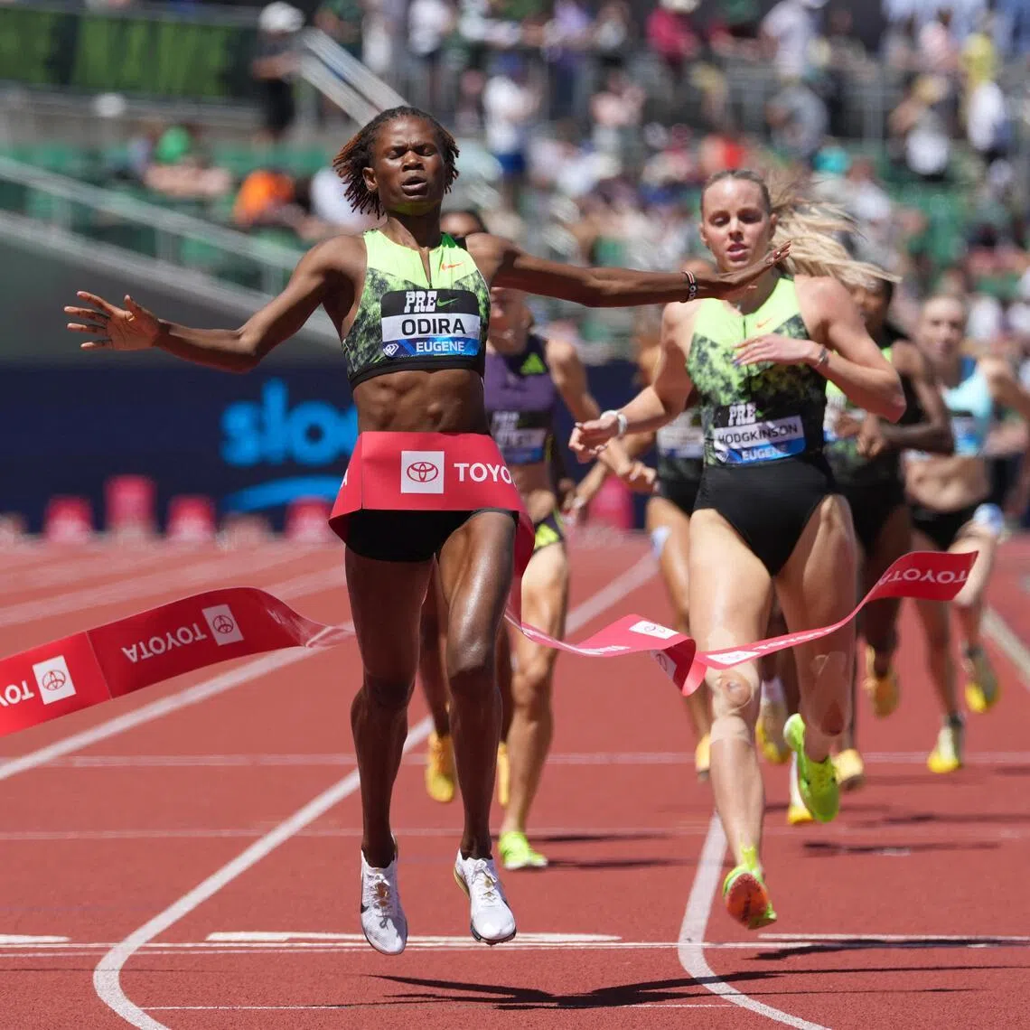 Jul 4, 2026; Eugene, Oregon, USA; Lilian Odira (KEN) defeats Keely Hodgkinson (GBR) to win the women's 800m in 1:56.19 in the 51st Prefontaine Classic at Hayward Field. Mandatory Credit: Kirby Lee-Imagn Images