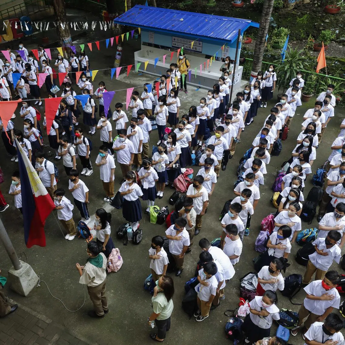 Students attend morning assembly rites at the San Juan Elementary School in Metro Manila on Aug 22, 2022.