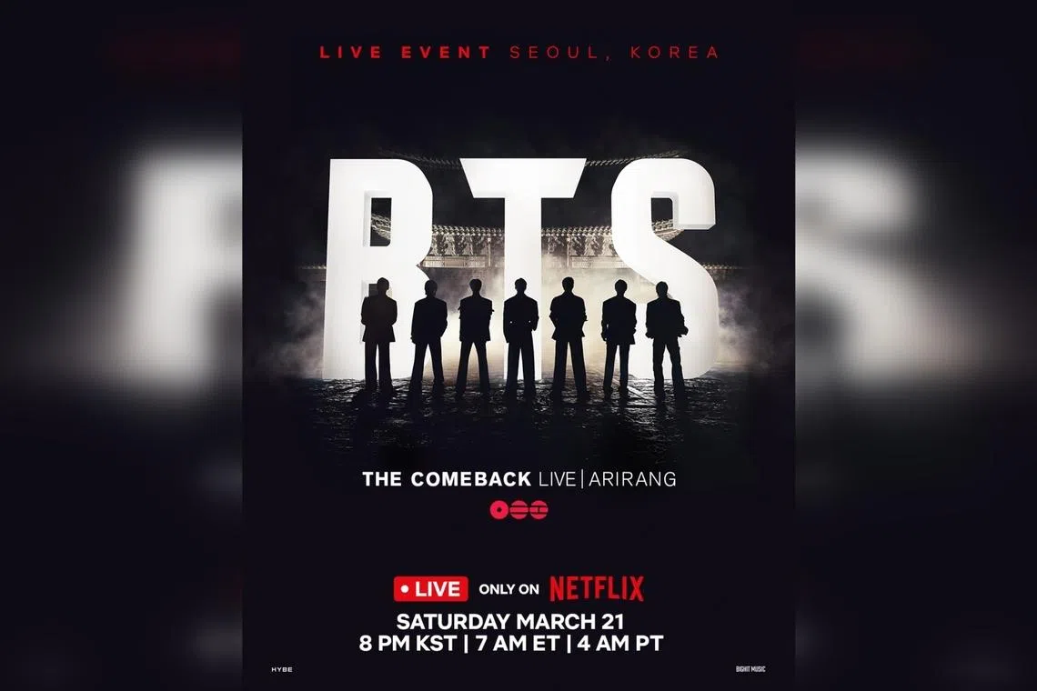 BTS THE COMEBACK LIVE | ARIRANG will stream live exclusively on Netflix on March at 7pm (Singapore time).
