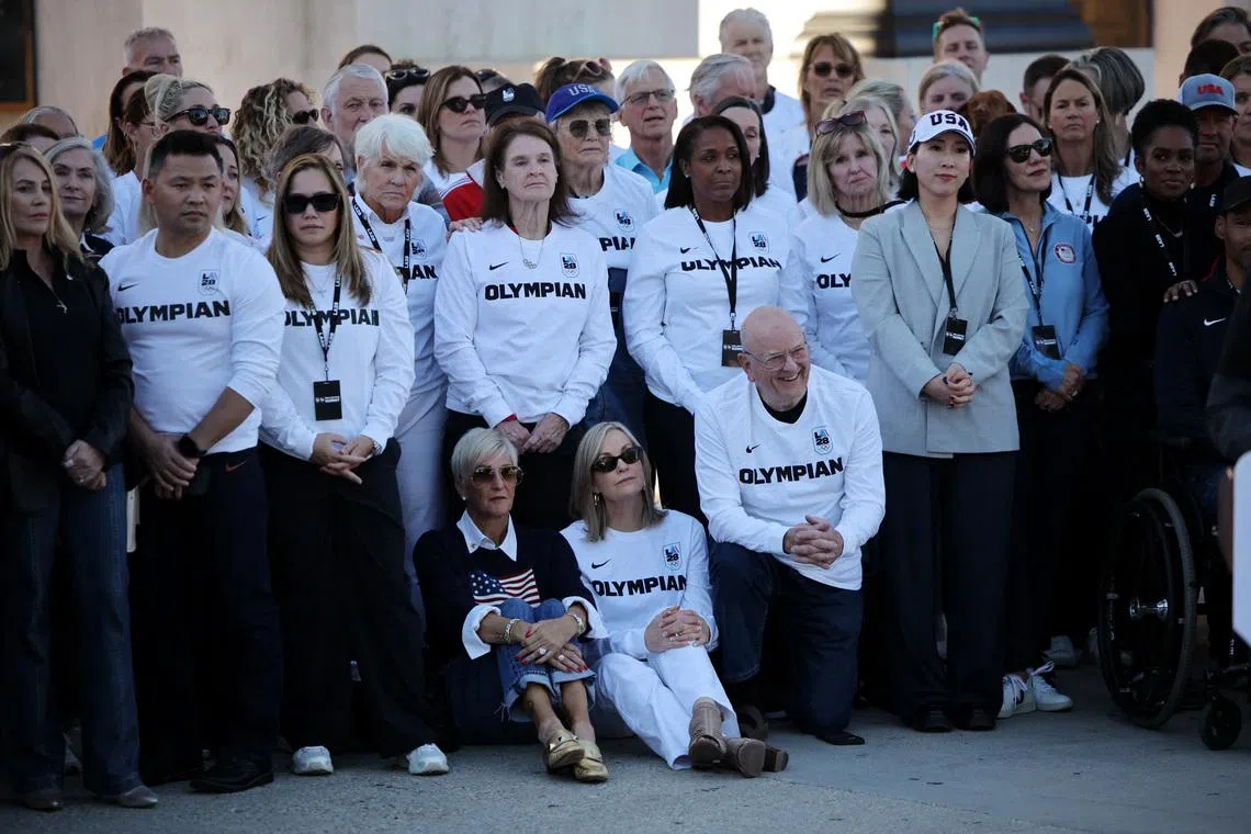 Olympics - LA28 officials speak to the media - LA Memorial Coliseum, Los Angeles, California, U.S. - January 13, 2026 Olympians and Paralympians during a press conference ahead of Ticket Registration Launch REUTERS/Daniel Cole