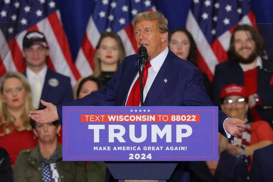 FILE PHOTO: Republican presidential candidate and former U.S. President Donald Trump speaks during a campaign rally in Green Bay, Wisconsin, U.S., April 2, 2024. REUTERS/Brian Snyder/File Photo