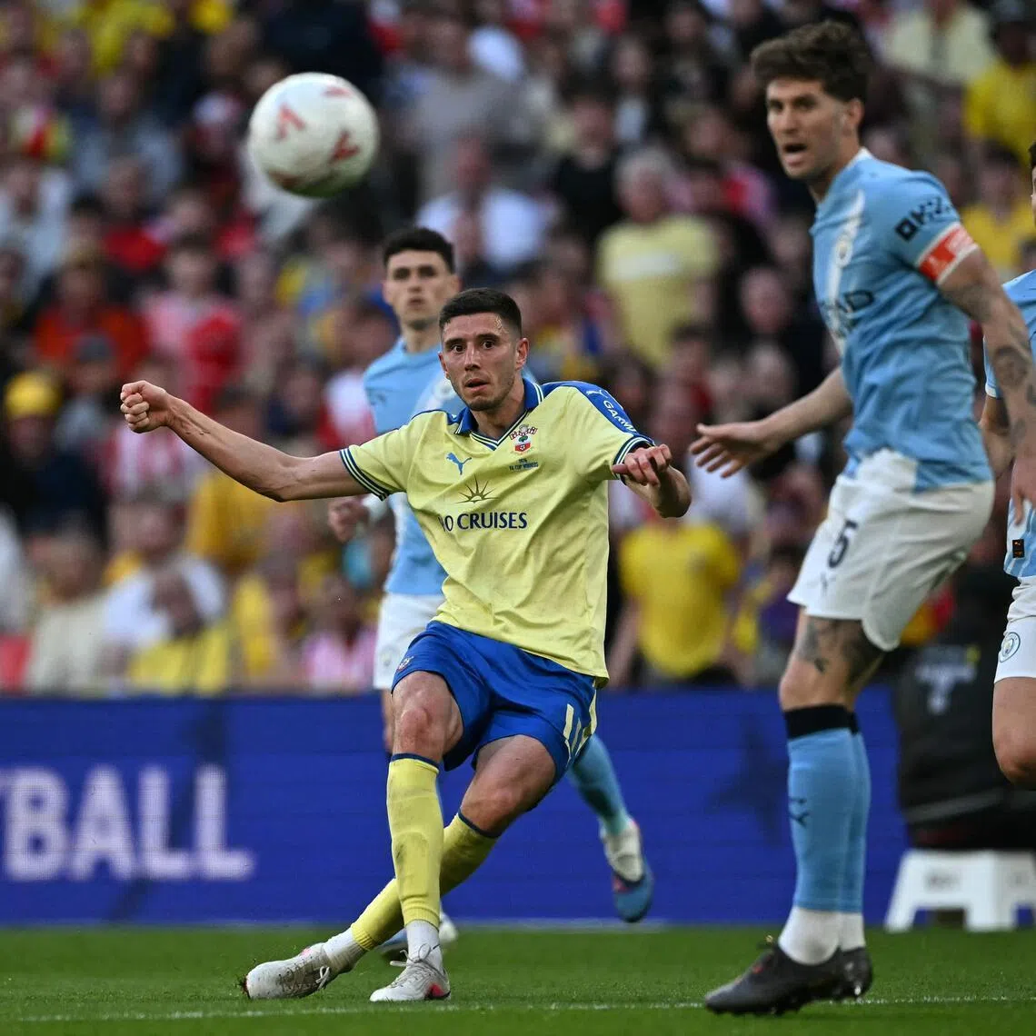Southampton's Scottish striker Ross Stewart taking a shot in the English FA Cup semi-final loss to Manchester City at Wembley stadium in London on April 25, 2026.