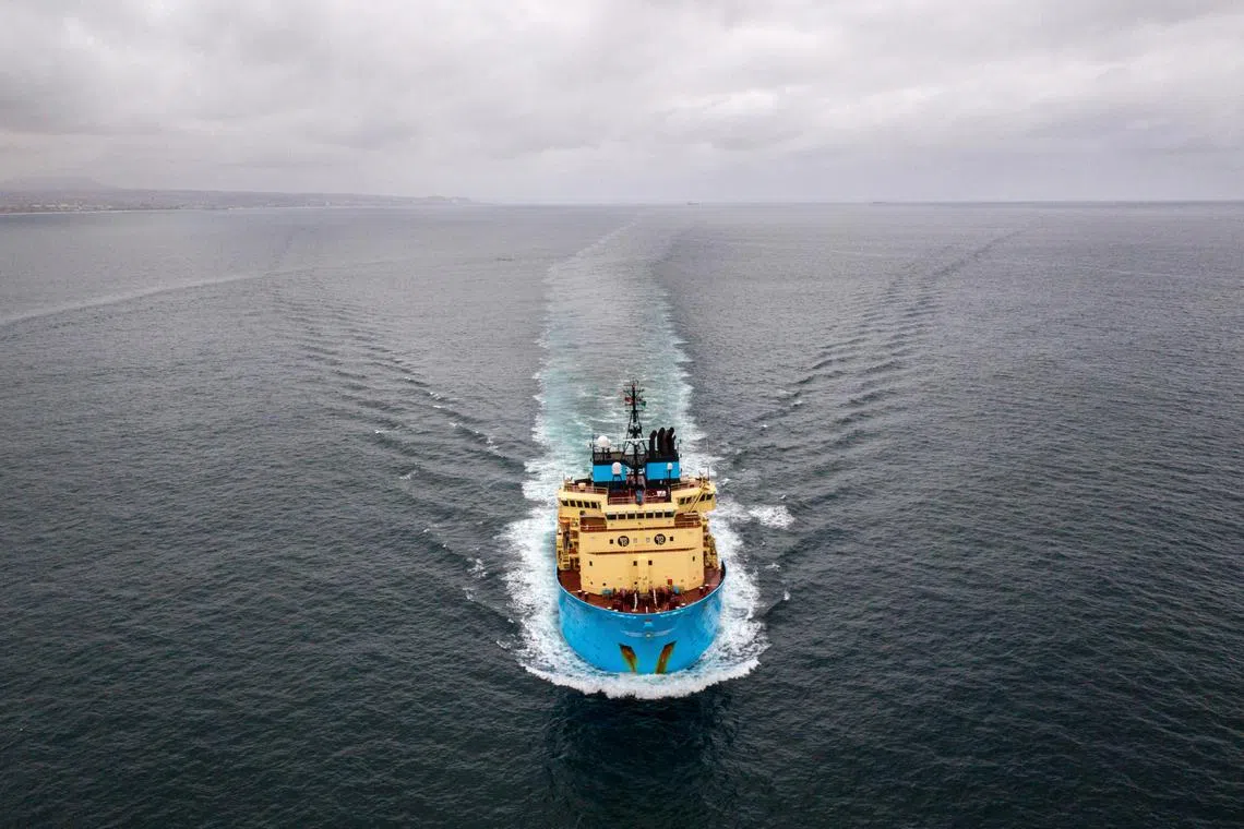The Maersk Launcher, chartered by a seabed-mining company, returning from an expedition to the Clarion Clipperton Zone in the Pacific Ocean in 2021.