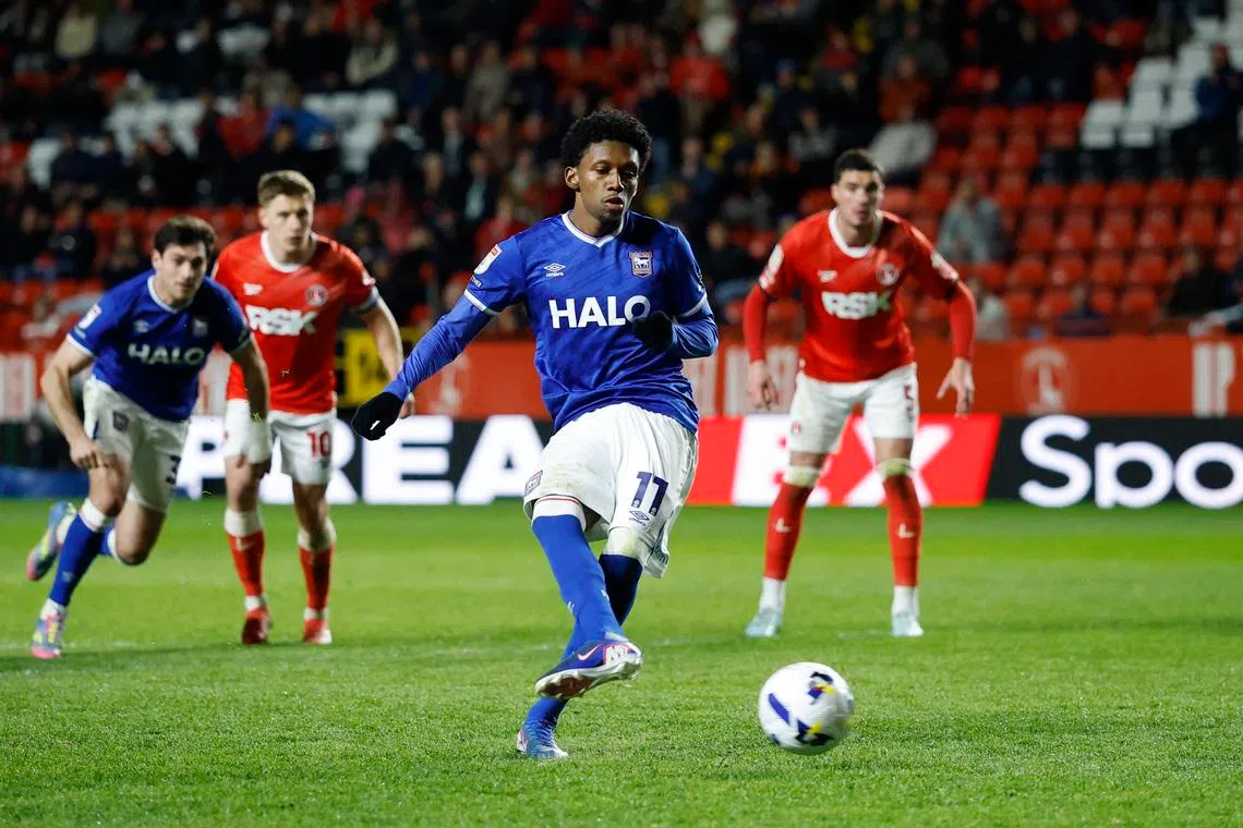 Soccer Football - Championship - Charlton Athletic v Ipswich Town - The Valley, London, Britain - April 22, 2026 Ipswich Town's Jaden Philogene scores their second goal from the penalty spot Action Images/Peter Cziborra