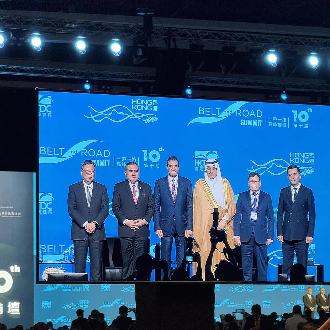 mfbri - (From left) Hong Kong's Algernon Yau, Malaysia's Anthony Loke, Qatar's Ahmed Al-Sayed, Saudi Arabia's Khaled Al Khattaf, Kazakhstan's Yerlan Sagnayev, and Uzbekistan's Umid Abidkhadjaev at a policy dialogue at the 10th Belt and Road Summit in Hong Kong on Sept 10.
ST PHOTO: MAGDALENE FUNG