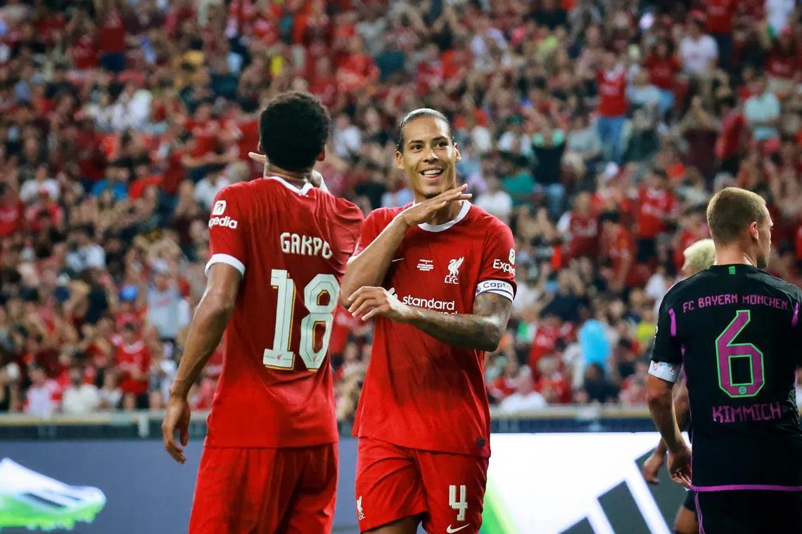 Liverpool’s Virgil Van Dijk celebrating after scoring a goal against Bayern Munich in the Singapore Festival of Football friendly match between Liverpool and Bayern Munich on Aug 2, 2023.