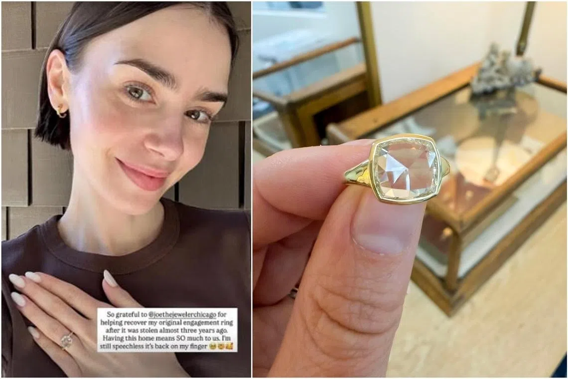 Emily In Paris star Lily Collins' engagement ring, stolen years ago, was found and returned to her.
