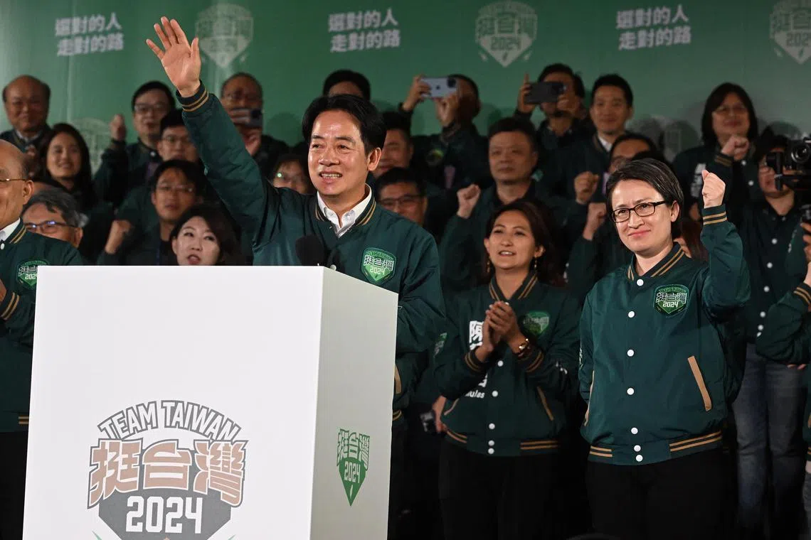 ST20240113_202434766456/Chong Jun Liang/pixtaiwan13/ 
Taiwan Vice-President Lai Ching-te and DPP president elect, and Hsiao Bi-khim, vice- president elect celebrate their victory on Jan 13, 2024.