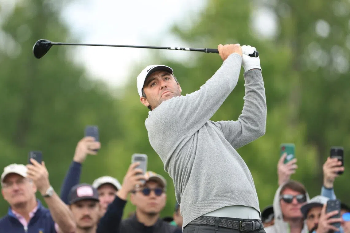 Scottie Scheffler playing his shot from the 12th tee during the first round of the PGA Championship at Aronimink Golf Club.