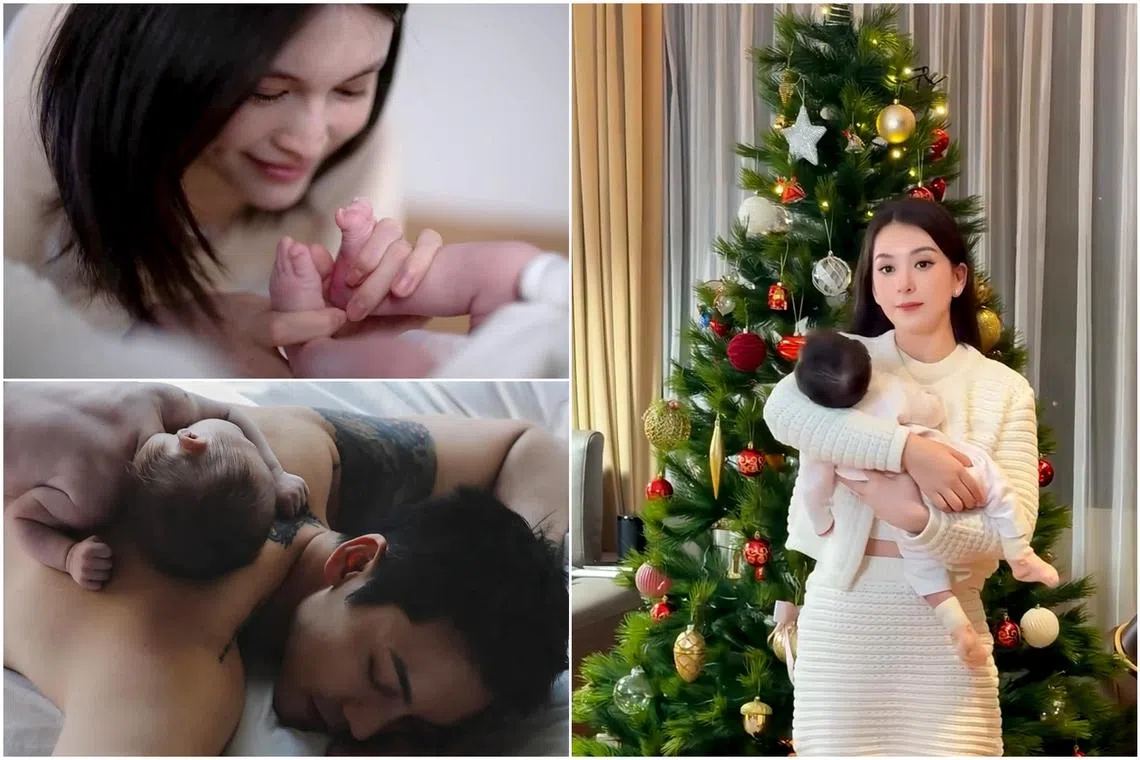 He Sui (top left) shared photos of her partner, Hong Kong actor William Chan (bottom left), and their newborn baby, while Moka Fang shared a video of her carrying her third daughter.
