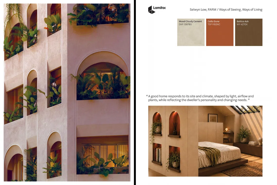 Farm co-founder Selwyn Low’s postcard shows the “quietude” of Kinn Habitat boutique hotel on the front, while the back reveals a design inspiration and a choice of three laminates to achieve the look.