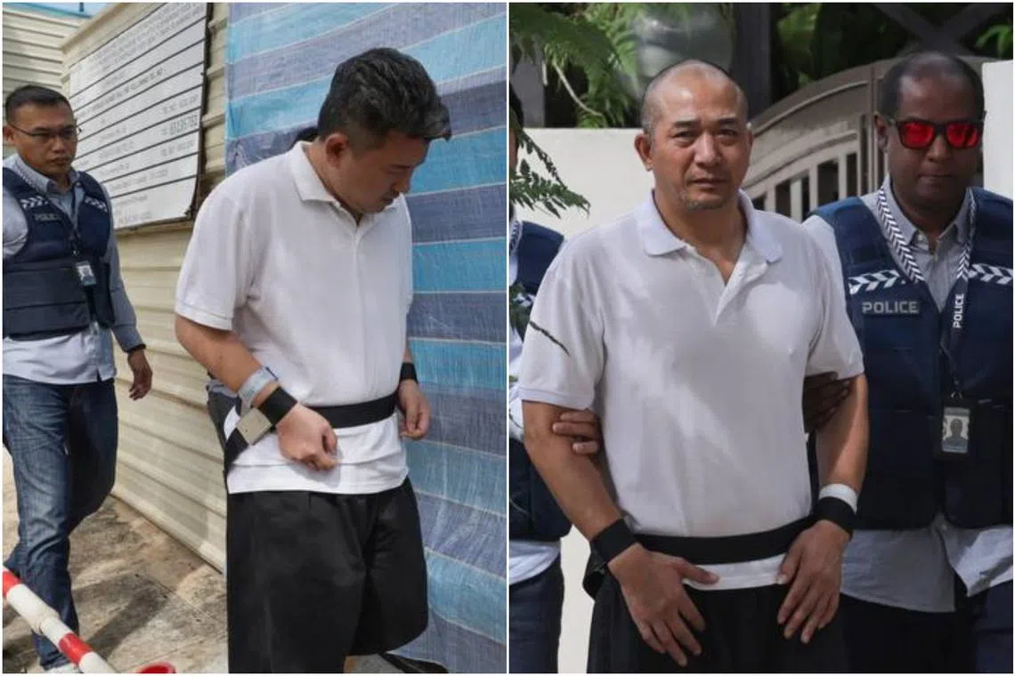 Police bringing Chinese nationals Feng Yunlong (left) and Zhang Yongxiang to the scene of an alleged housebreaking at Greenleaf View on Dec 26.