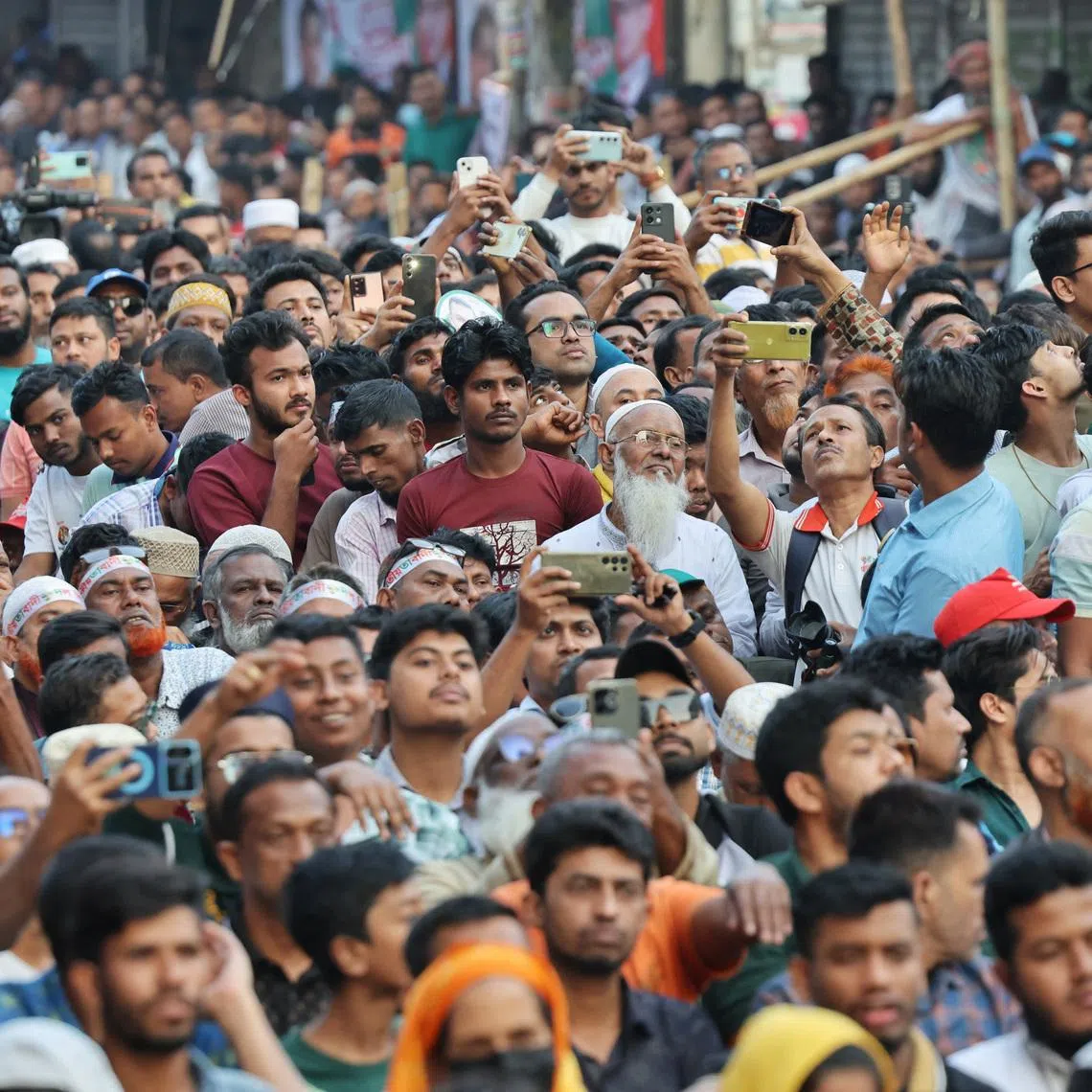 Supporters of the Bangladesh Nationalist Party (BNP) chant slogans, during an election campaign rally attended by the party chairman, Tarique Rahman, ahead of the national election, at Jatrabari, in Dhaka, Bangladesh, February 9, 2026. REUTERS/Mohammad Ponir Hossain