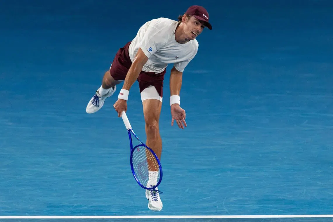 Jan 21, 2026; Melbourne, Victoria, Australia; Alex de Minaur of Australia in action against Hamad Medjedovic of Serbia in the second round of the men’s singles at the Australian Open at Rod Laver Arena in Melbourne Park. Mandatory Credit: Mike Frey-Imagn Images