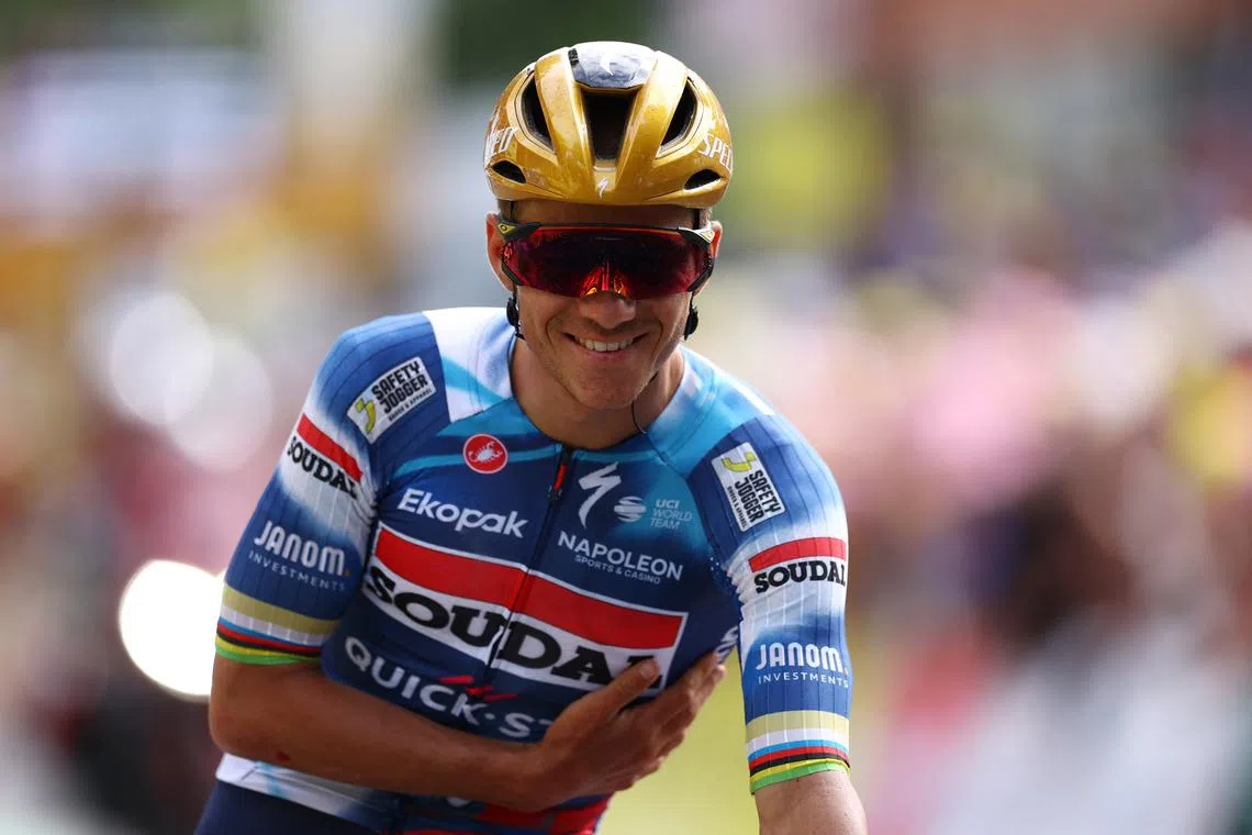 Cycling - Tour de France - Stage 3 - Valenciennes to Dunkirk - Dunkirk, France - July 7, 2025 Soudal Quick-Step's Remco Evenepoel reacts after stage 3 REUTERS/Sarah Meyssonnier/File Photo
