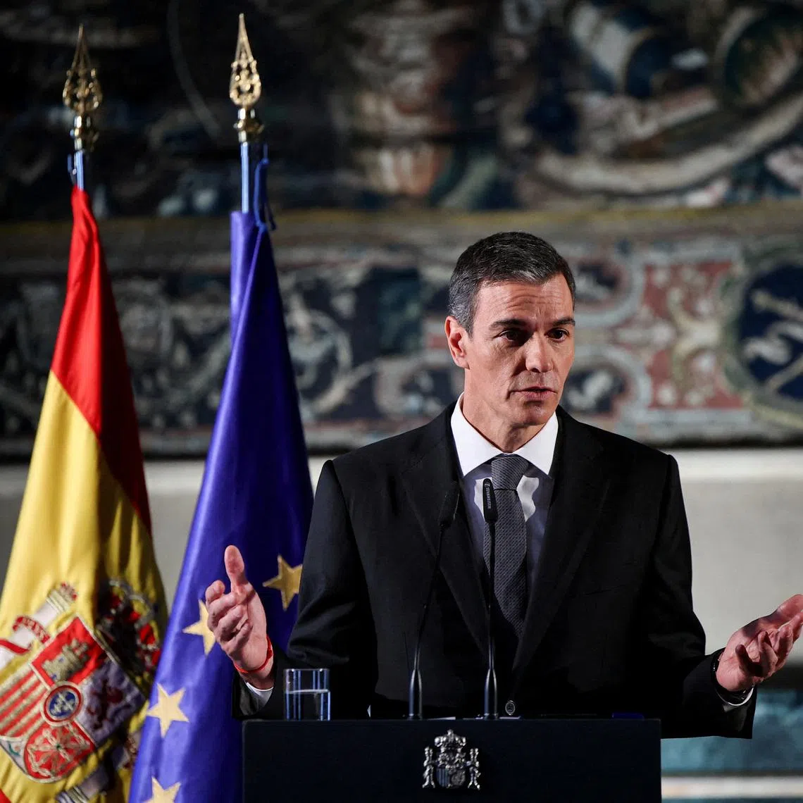 FILE PHOTO: Spanish Prime Minister Pedro Sanchez holds a press conference at the Spanish Embassy to the Vatican after meeting Pope Leo XIV, in Rome, Italy, May 27, 2026. REUTERS/Francesco Fotia/File Photo