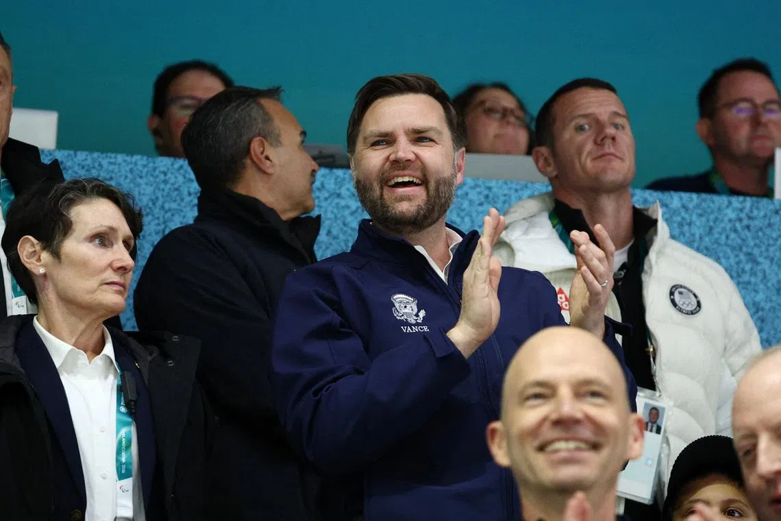 Milano Cortina 2026 Olympics - Ice Hockey - Women's Preliminary Round - Group A - United States of America vs Czech Republic - Milano Rho Ice Hockey Arena, Milan, Italy - February 05, 2026. U.S. Vice President JD Vance celebrates a goal in the stands REUTERS/Guglielmo Mangiapane