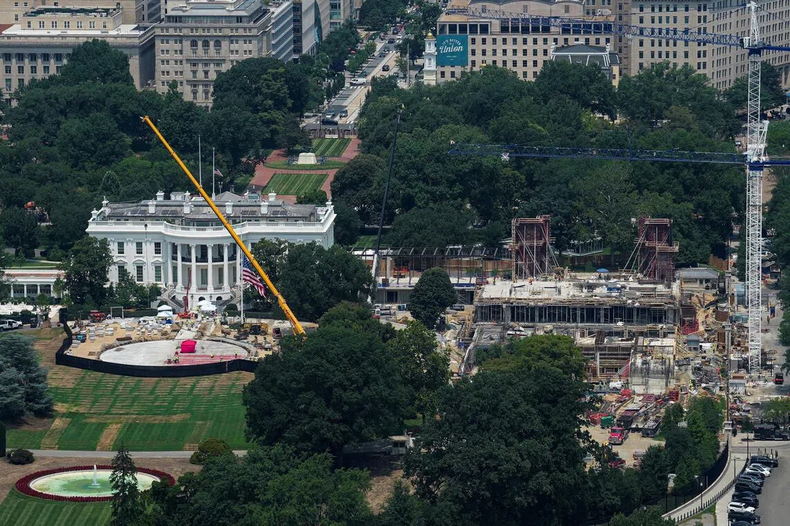 The White House and the ongoing ballroom construction project as seen from a window at the Washington Monument on July 15.
