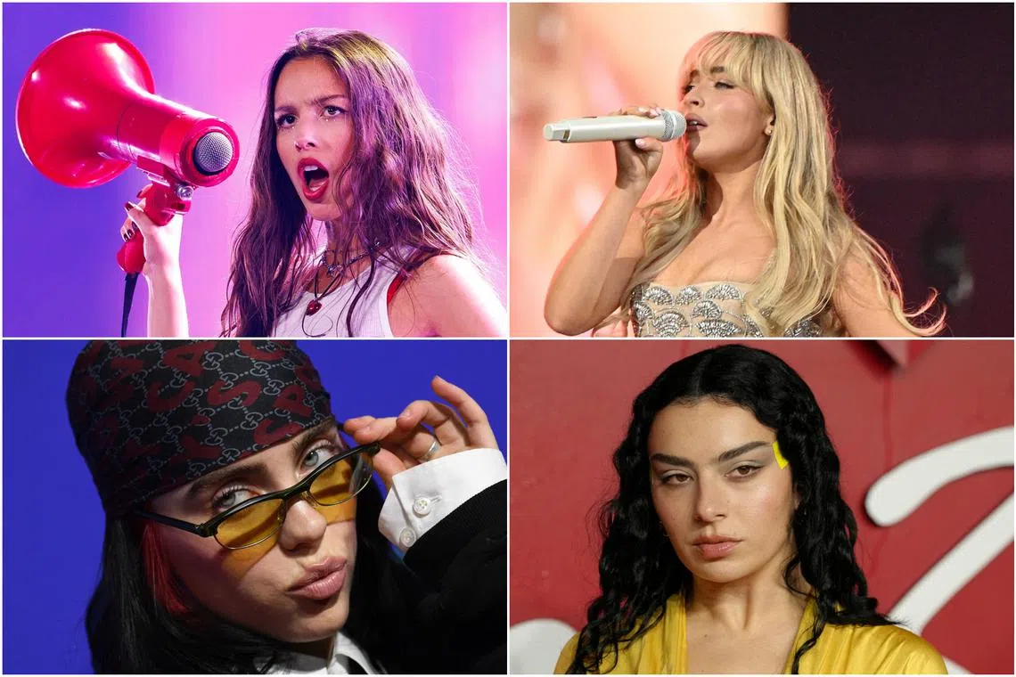 (Clockwise from top left) Female singers Olivia Rodrigo, Sabrina Carpenter, Charli XCX, and Billie Eilish.