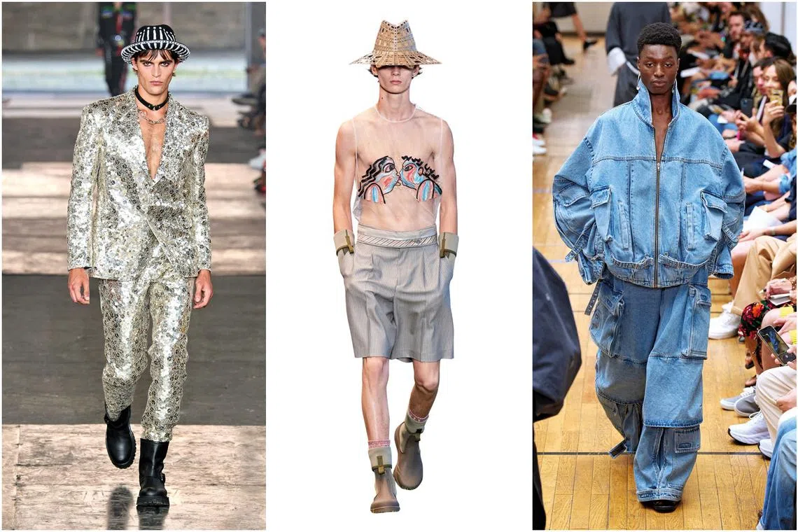 (From left) The 2023 men's spring collection of Moschino, Dior and Hed Mayner.