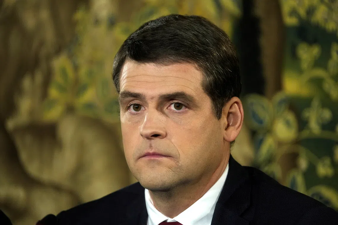 Dawn of Nemunas Party leader Remigijus Zemaitaitis attends a press conference after general election in Vilnius, Lithuania October 28, 2024. REUTERS/Ints Kalnins