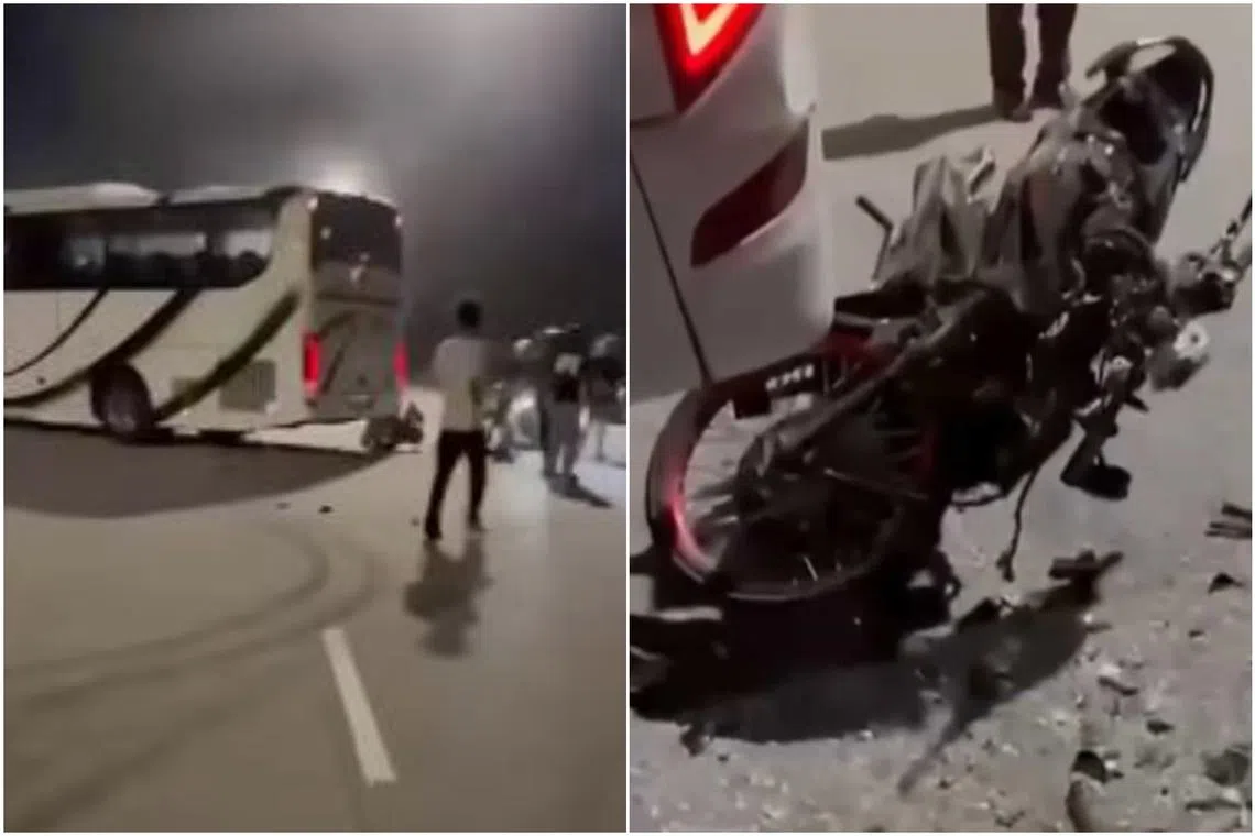 Footage uploaded on social media shows a white bus making a turn before the collision, as well as a heavily damaged motorcycle.