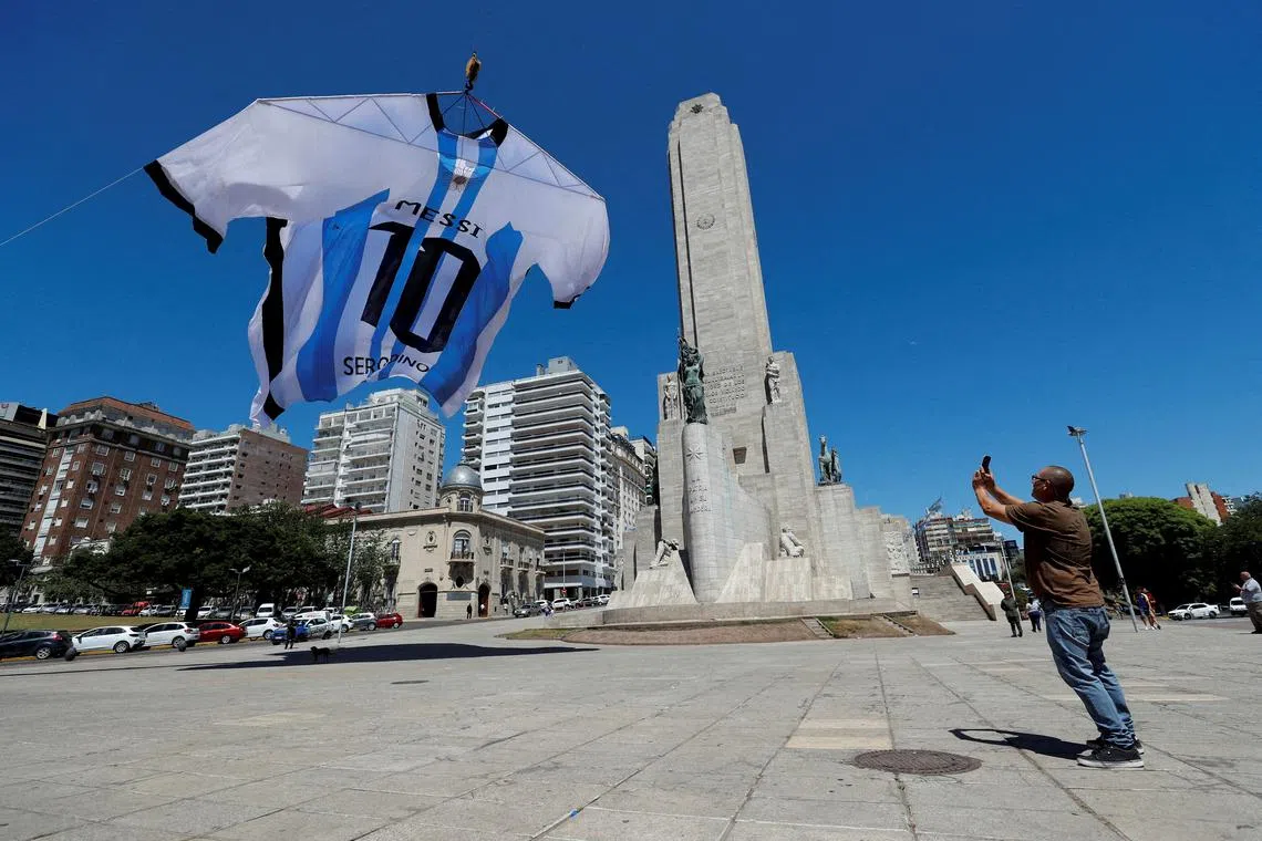 FILE PHOTO: An-18-meter long Argentina shirt featuring soccer star Lionel Messi's surname is displayed at the Monumento a la Bandera (The National Flag Memorial), in Rosario, Argentina, December 16, 2022. REUTERS/Agustin Marcarian/File Photo