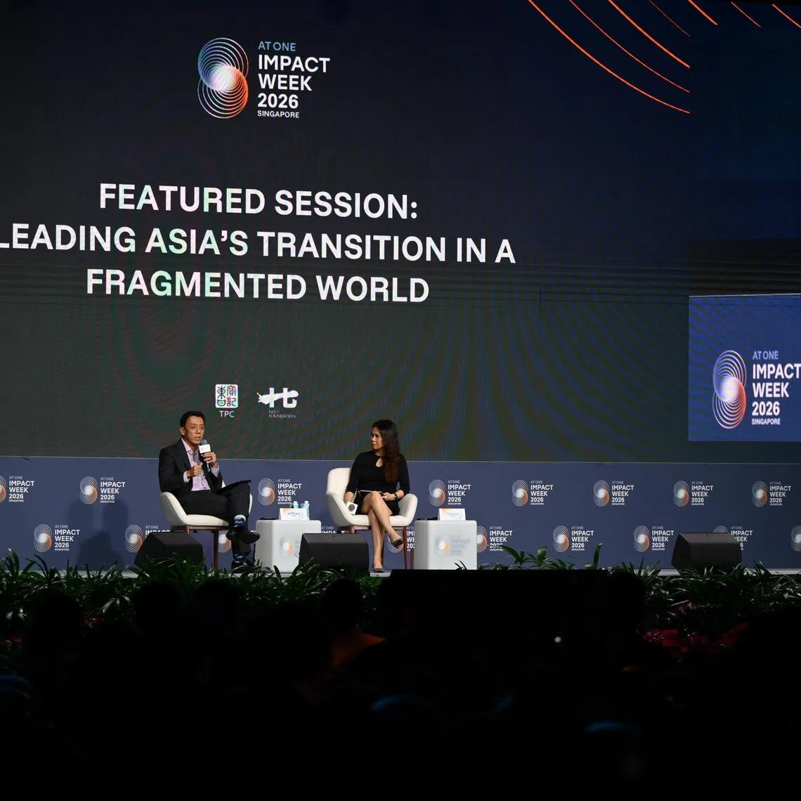 Second Minister for Finance Jeffrey Siow at a fireside chat with Eco-Business CEO Jessica Cheam at the Unlocking Capital for Sustainability Singapore summit on Sept 10.
